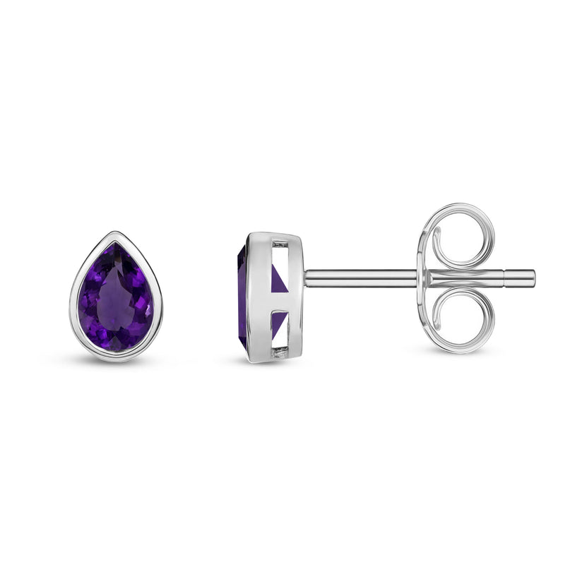 9ct White Gold Amethyst Pear Rubover Stud Earrings 6x4mm