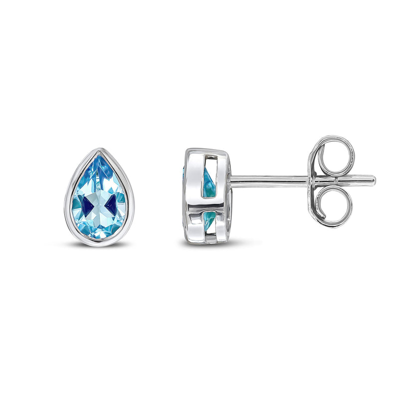 9ct White Gold Swiss Blue Topaz Pear Rubover Stud Earrings 6x4mm