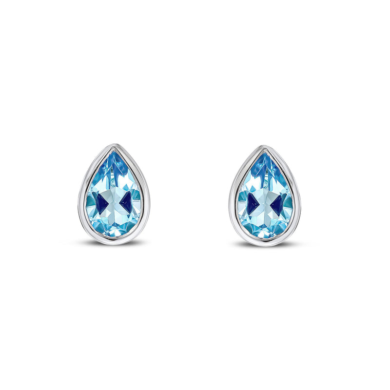 9ct White Gold Swiss Blue Topaz Pear Rubover Stud Earrings 6x4mm