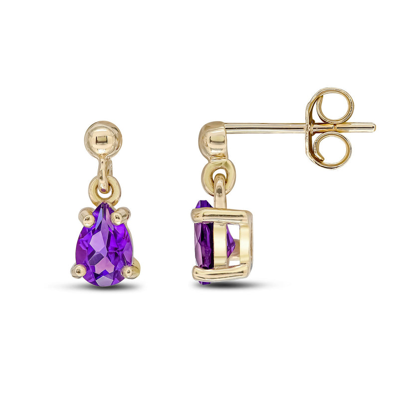 9ct Yellow Gold Amethyst Pear 4-Claw Stud Drop Earrings 6x4mm