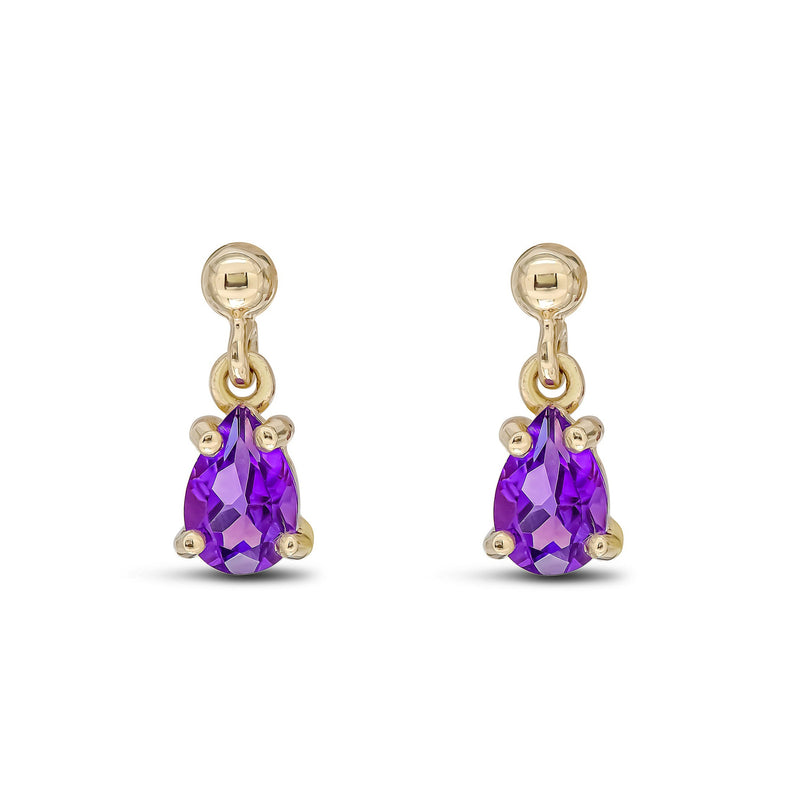 9ct Yellow Gold Amethyst Pear 4-Claw Stud Drop Earrings 6x4mm