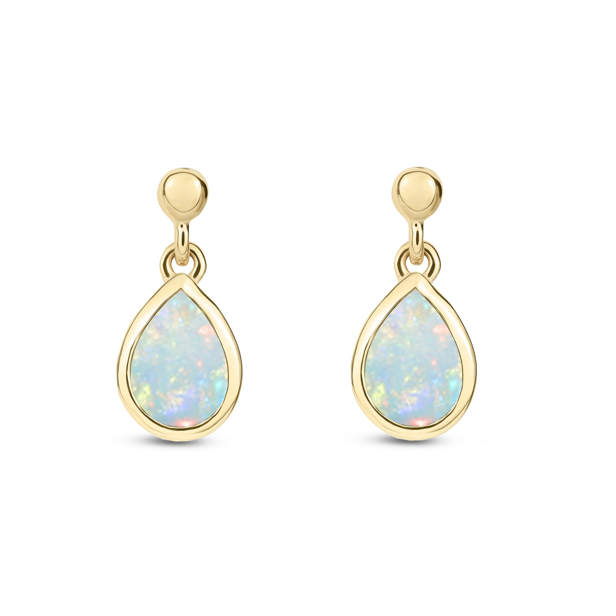 9ct Yellow Gold Opal Pear Rubover Stud Drop Earrings 6x4mm