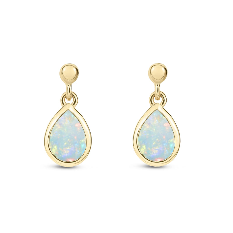 9ct Yellow Gold Opal Pear Rubover Stud Drop Earrings 6x4mm