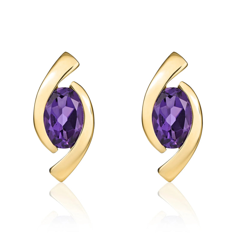 9ct Yellow Gold Amethyst Oval Eye Stud Earrings 6x4mm