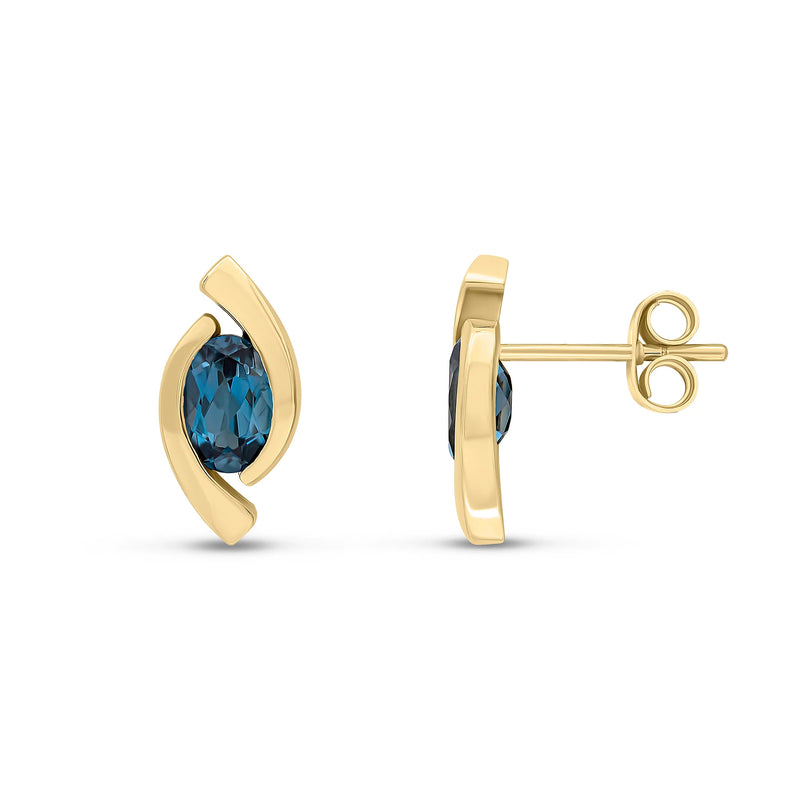 9ct Yellow Gold London Blue Topaz Oval Eye Stud Earrings 6x4mm