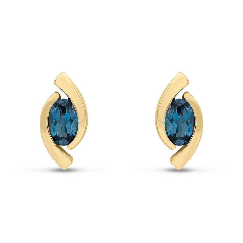 9ct Yellow Gold London Blue Topaz Oval Eye Stud Earrings 6x4mm