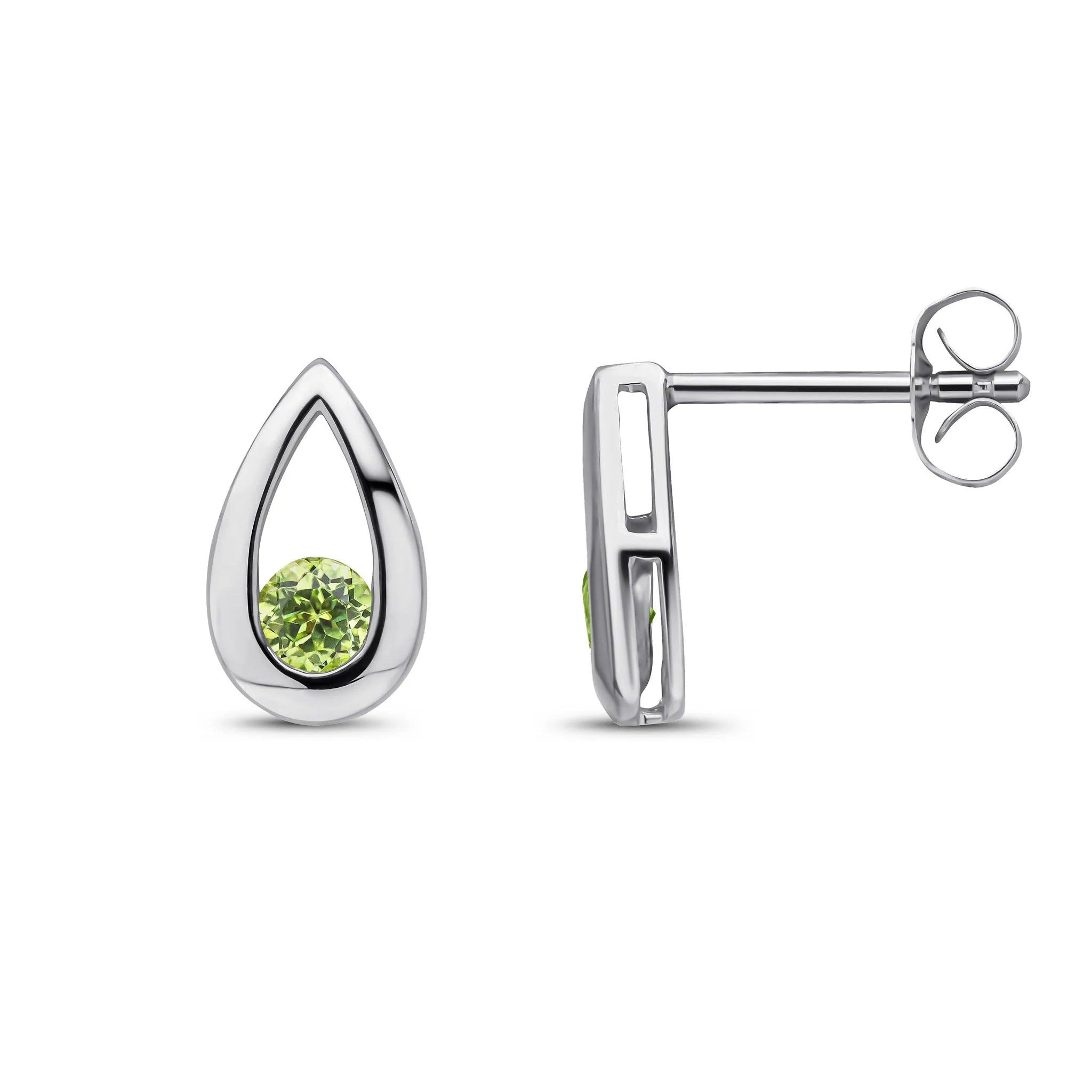 Front and side views of 9ct white gold peridot teardrop stud earrings showing the open design, gemstone setting and butterfly fastening.