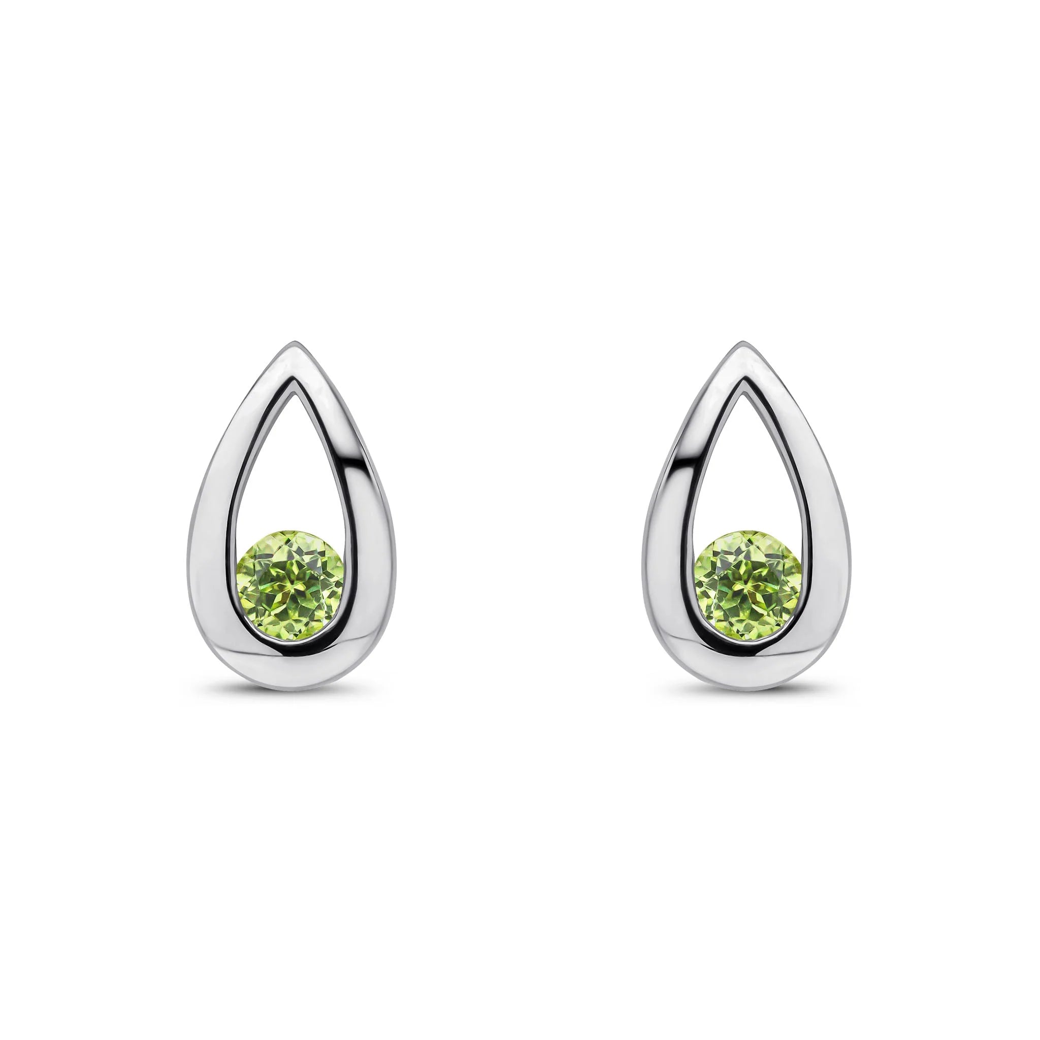 Pair of 9ct white gold teardrop stud earrings featuring round green peridot gemstones set within polished open designs.