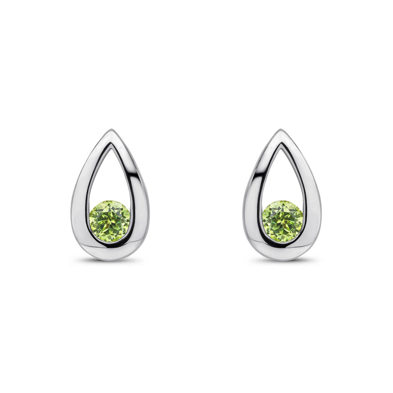Pair of 9ct white gold teardrop stud earrings featuring round green peridot gemstones set within polished open designs.