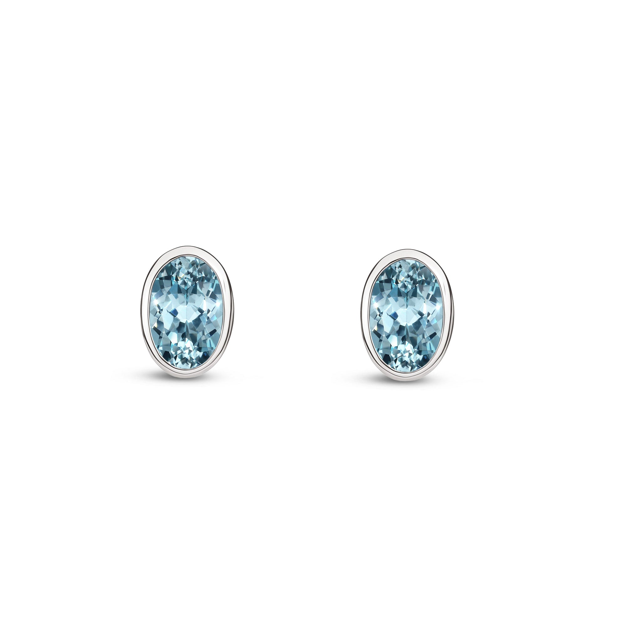 9ct White Gold Aquamarine Rub Over Oval Stud Earrings