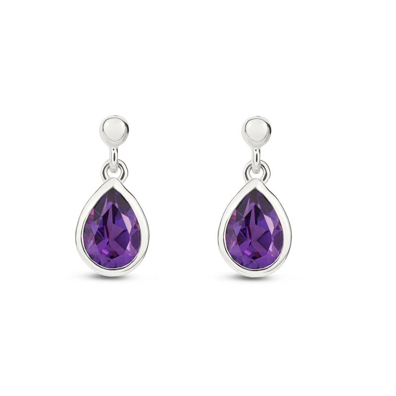9ct White Gold Amethyst Pear Rubover Stud Drop Earrings 6x4mm