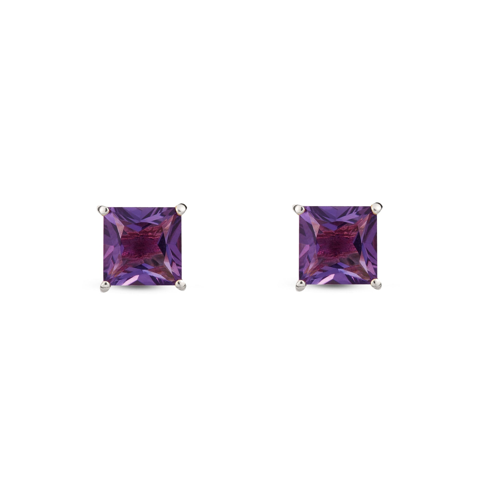 9ct White Gold Amethyst Four Claw Princess Cut Stud Earrings
