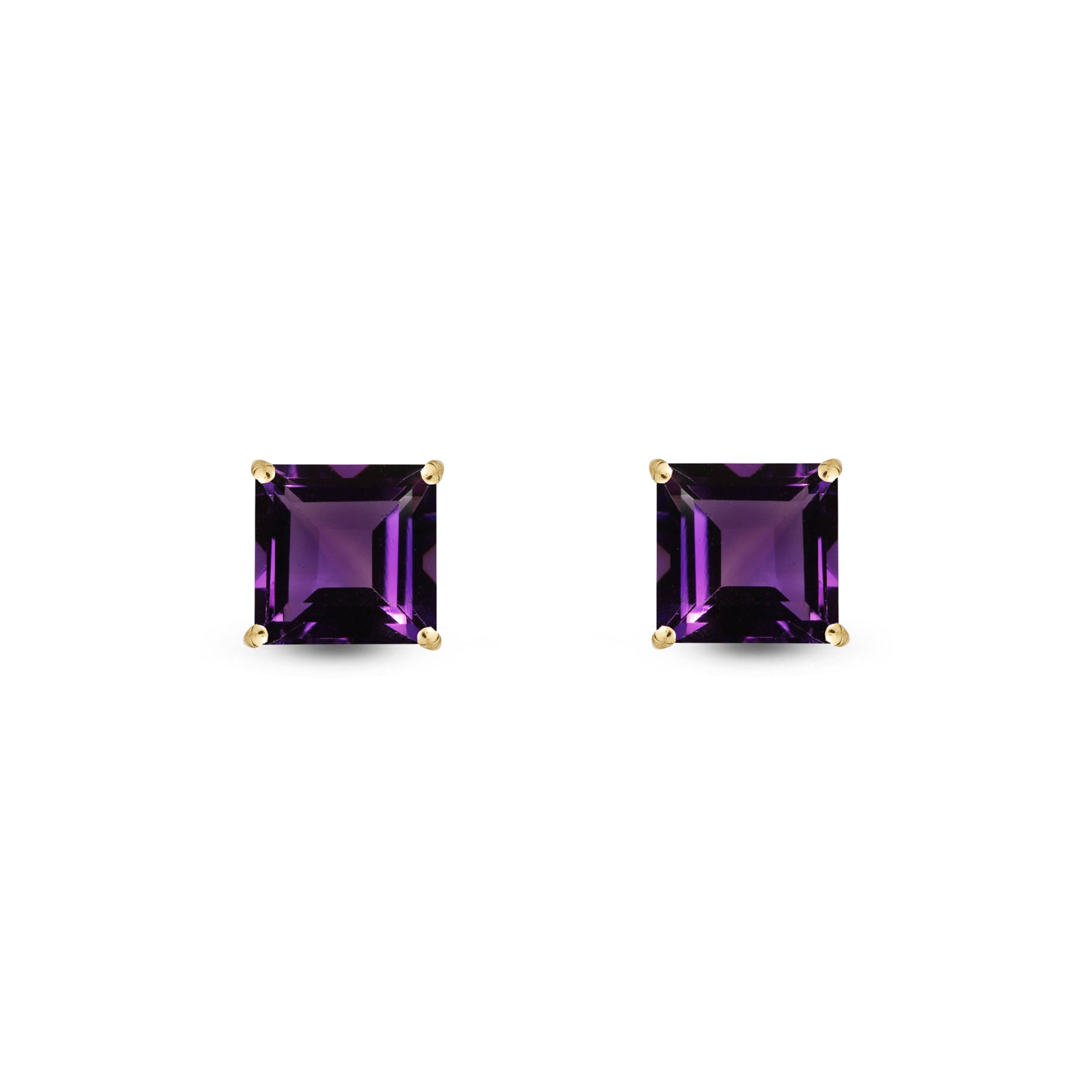 9ct Yellow Gold Amethyst Four Claw Princess Cut Stud Earrings 1.28ct