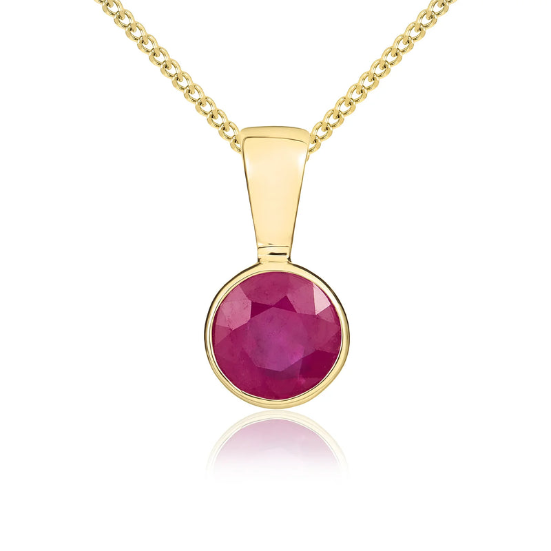 9ct Yellow Gold pendant featuring a 5mm round Ruby in a smooth rubover setting, suspended from a Yellow Gold chain.