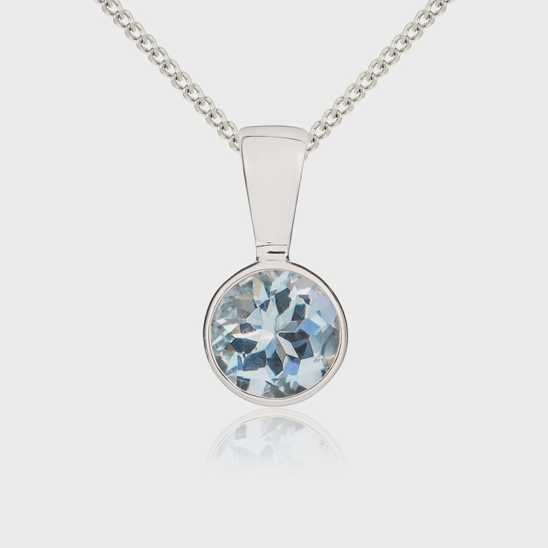 9ct White Gold Aquamarine 5mm Round Rubover Pendant 0.41ct