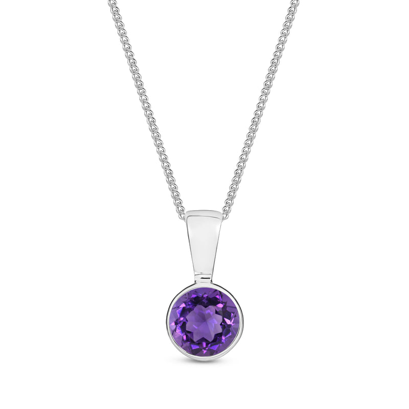 9ct White Gold Amethyst 5mm Round Rubover Pendant 0.58ct
