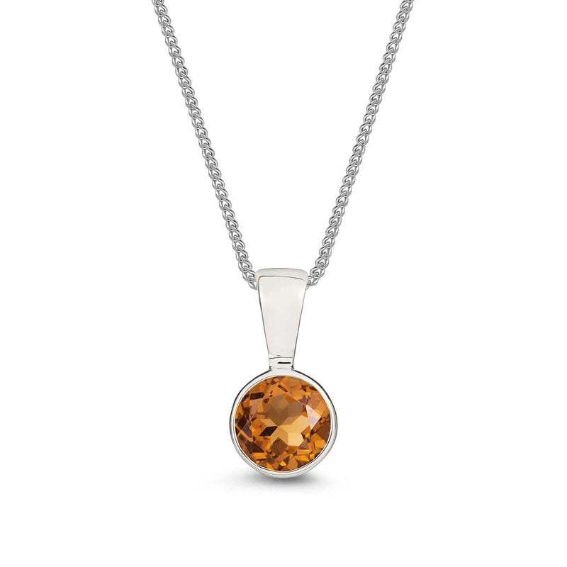 9ct White Gold Citrine 5mm Round Rubover Pendant 0.58ct