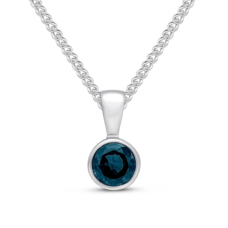 9ct White gold necklace with a blue Sapphire gemstone pendant on a white background