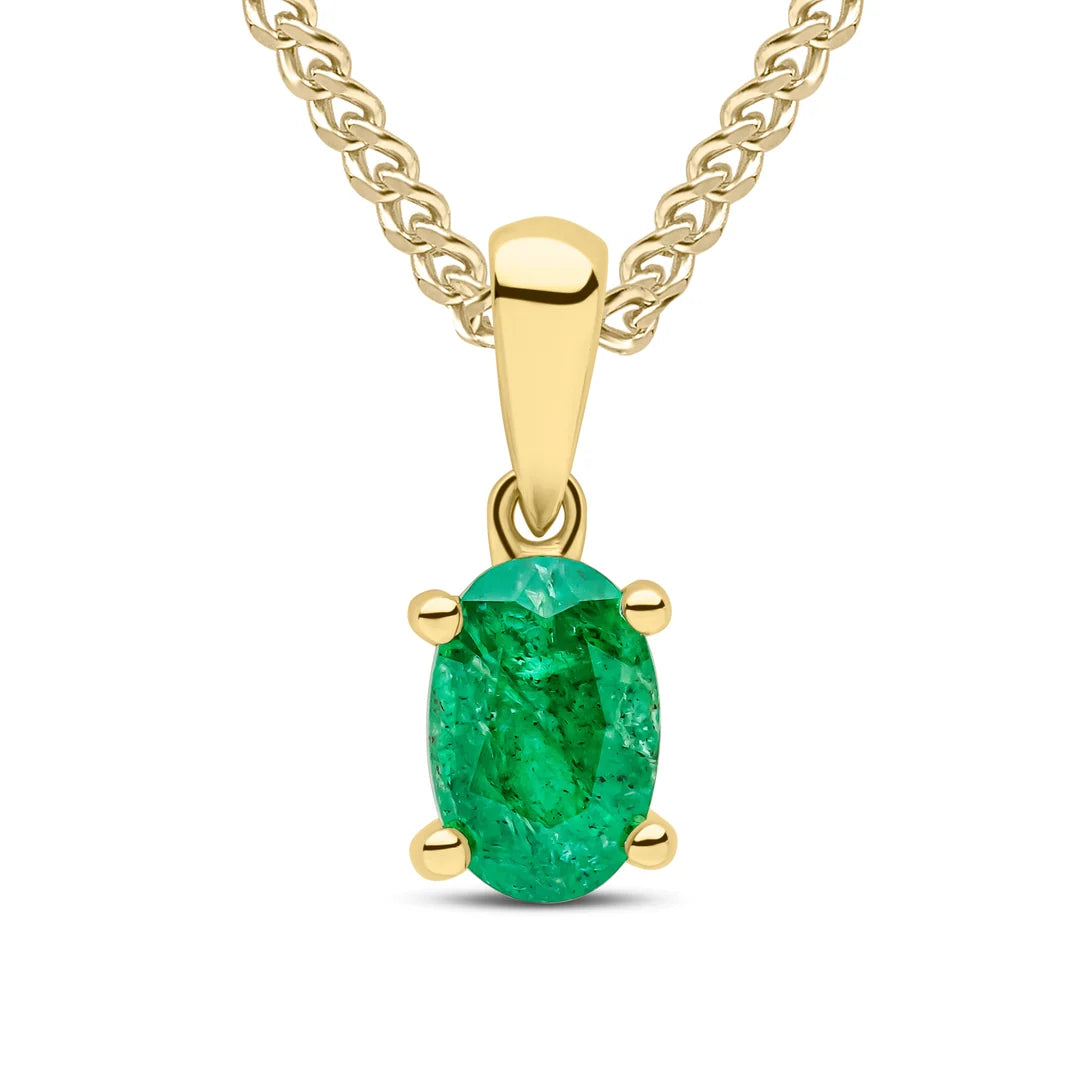 9ct Yellow Gold pendant featuring an oval Emerald gemstone in a classic four claw setting, suspended from a Yellow Gold chain.