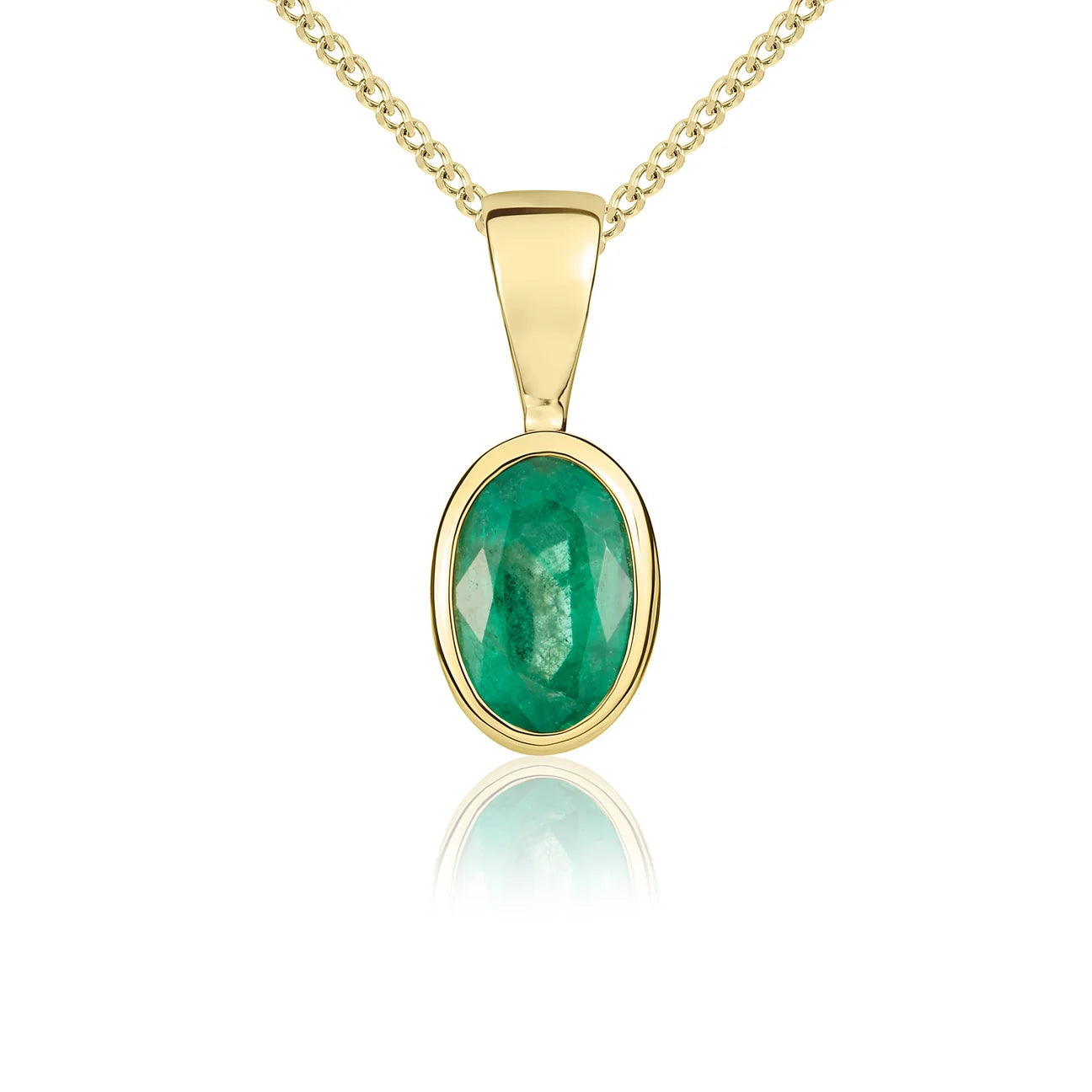 9ct yellow gold pendant necklace featuring an oval-cut emerald gemstone in a polished rubover setting.