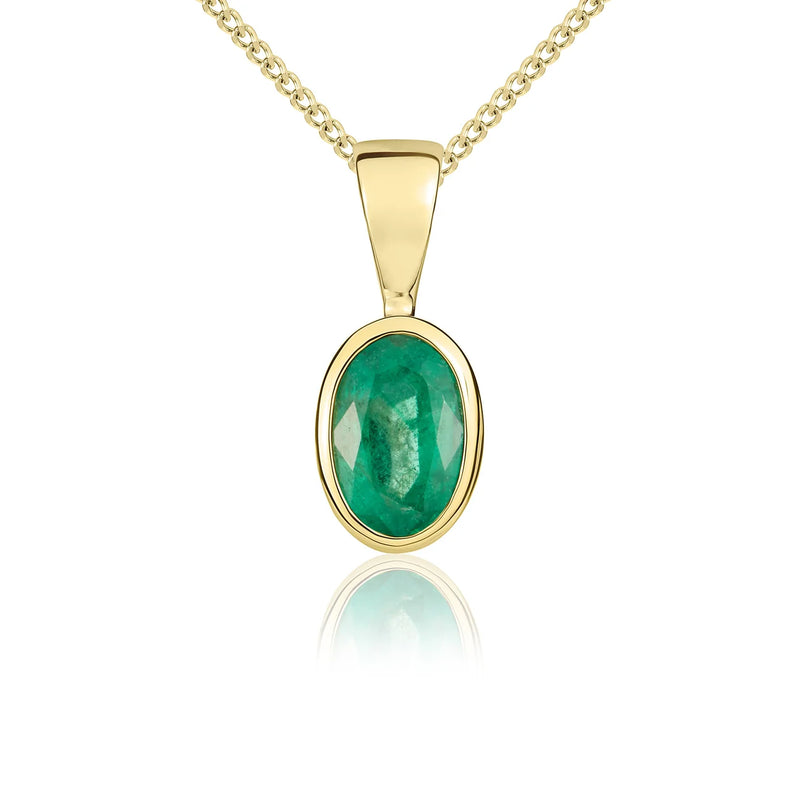 9ct yellow gold pendant necklace featuring an oval-cut emerald gemstone in a polished rubover setting.