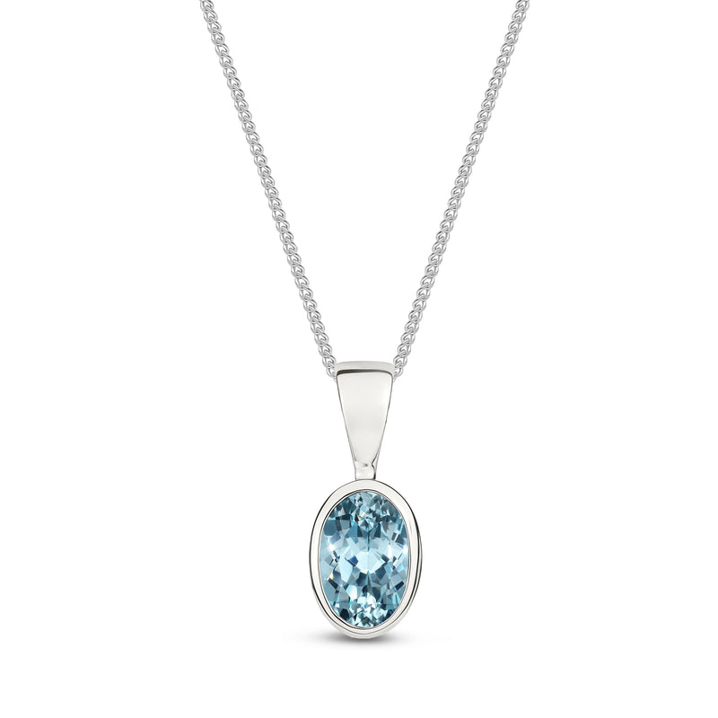 9ct White Gold Aquamarine 6x4mm Oval Rubover Pendant 0.39ct