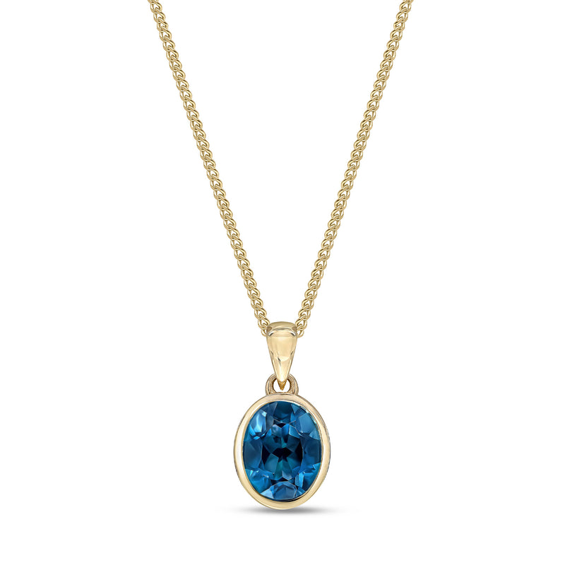 9ct Yellow Gold London Blue Topaz 9x7mm Oval Rubover Pendant 2.24ct