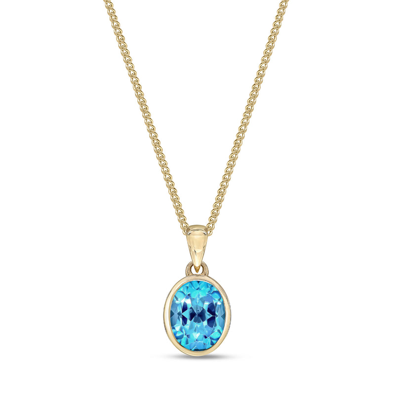 9ct Yellow Gold Swiss Blue Topaz 9x7mm Oval Rubover Pendant 2.24ct