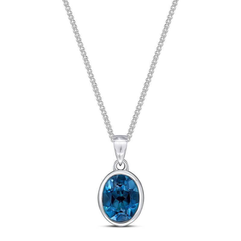 9ct White Gold London Blue Topaz 9x7mm Oval Rubover Pendant 2.24ct