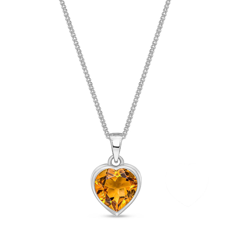 9ct White Gold Citrine 8mm Heart Rubover Pendant 1.65ct