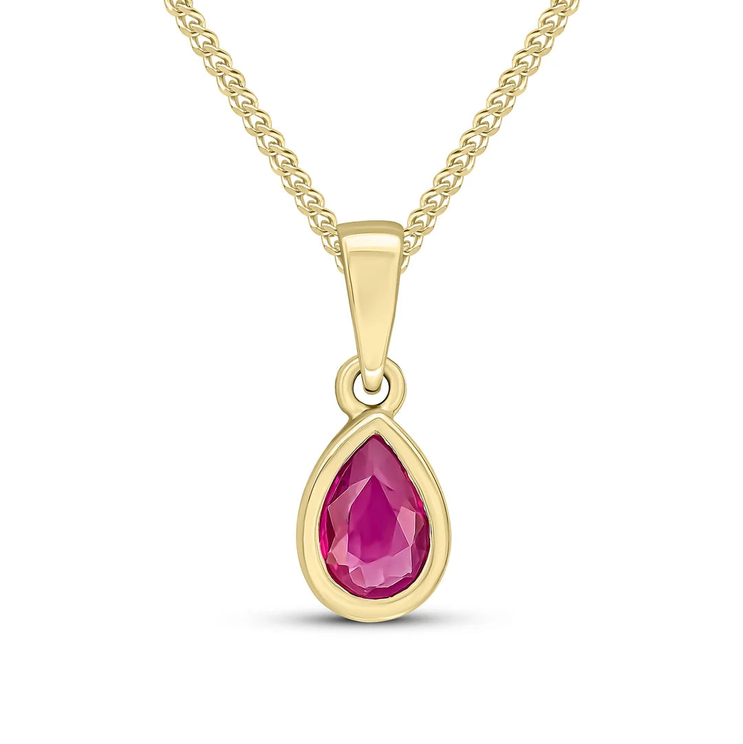 9ct Yellow Gold pendant featuring a pear-shaped Ruby gemstone in a smooth rubover setting, suspended from a Yellow Gold chain.
