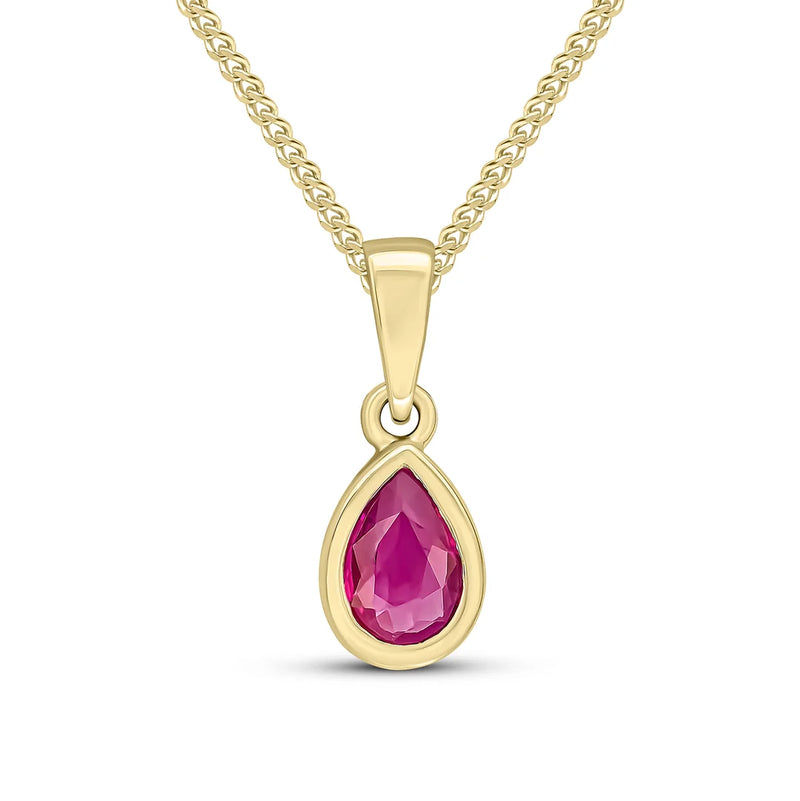 9ct Yellow Gold pendant featuring a pear-shaped Ruby gemstone in a smooth rubover setting, suspended from a Yellow Gold chain.
