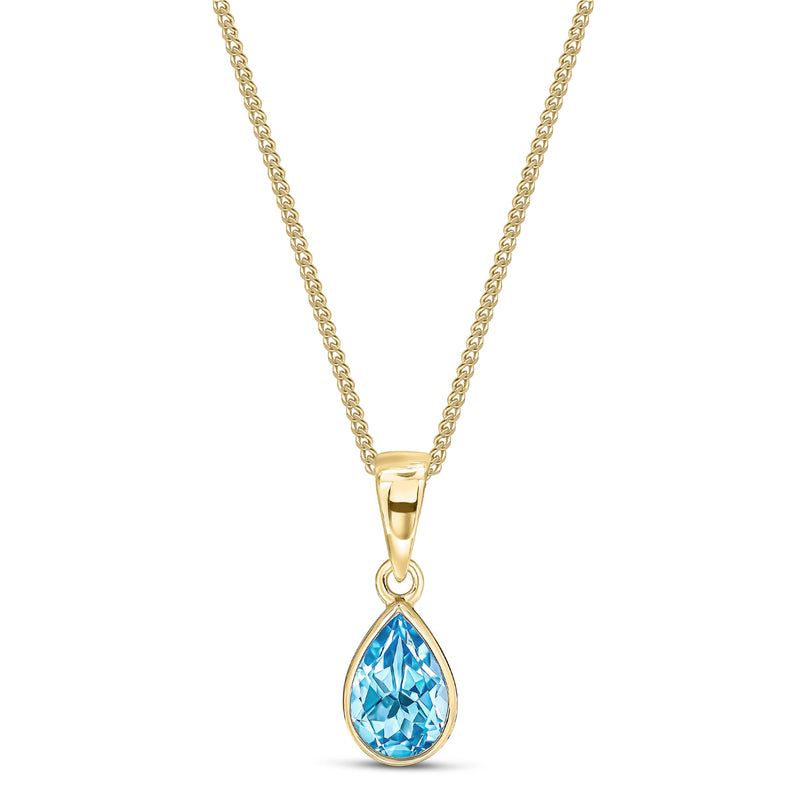 9ct Yellow Gold Swiss Blue Topaz 7x5mm Pear Rubover Pendant 0.74ct