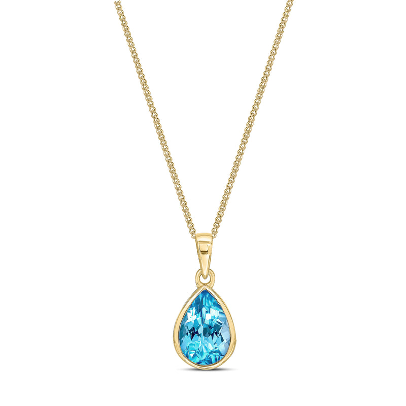 9ct Yellow Gold Swiss Blue Topaz 10x7mm Pear Rubover Pendant 1.96ct