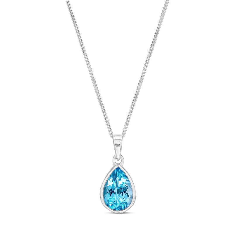 9ct White Gold Swiss Blue Topaz 10x7mm Pear Rubover Pendant 1.96ct