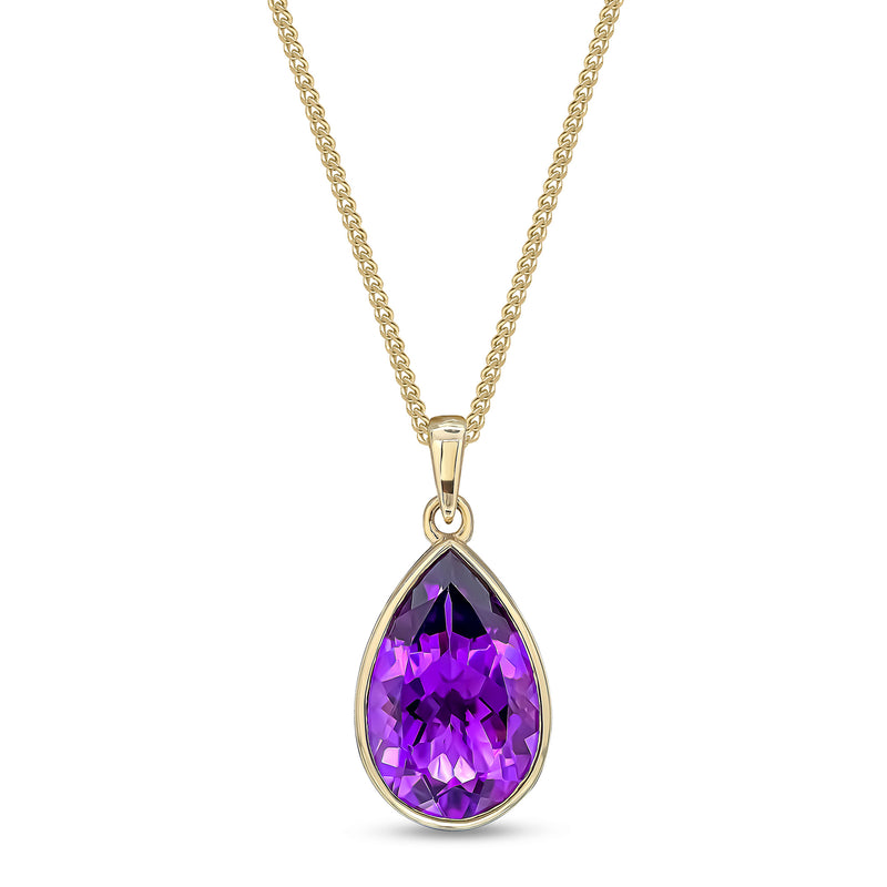9ct Yellow Gold Amethyst 14x9mm Pear Rubover Pendant 3.53ct