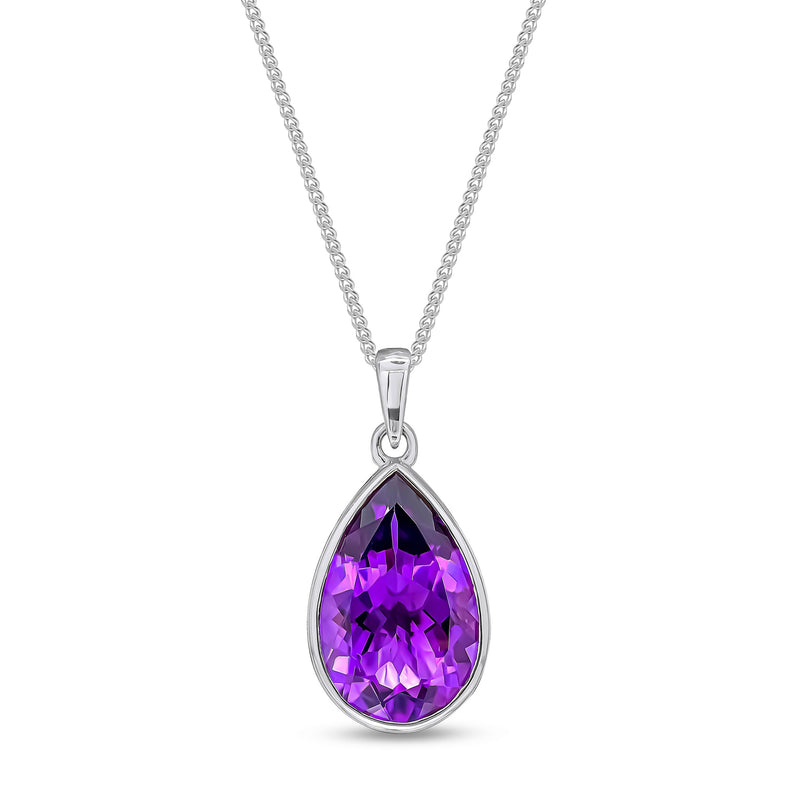 9ct White Gold Amethyst 14x9mm Pear Rubover Pendant 3.53ct