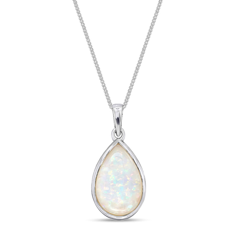 9ct White Gold Opal 14x9mm Pear Rubover Pendant
