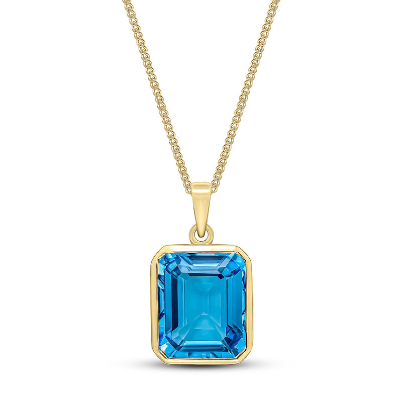 9ct Yellow Gold Swiss Blue Topaz 12x10mm Octagonal Rubover Pendant 6.35ct