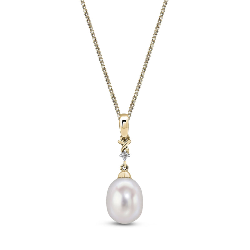 9ct Yellow Gold Pearl & Diamond Drop Pendant