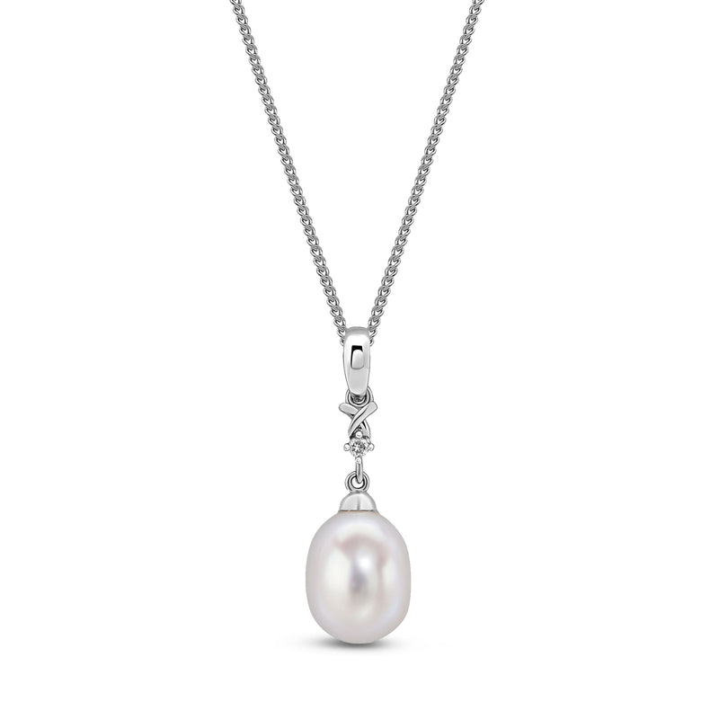 9ct White Gold Pearl & Diamond Drop Pendant