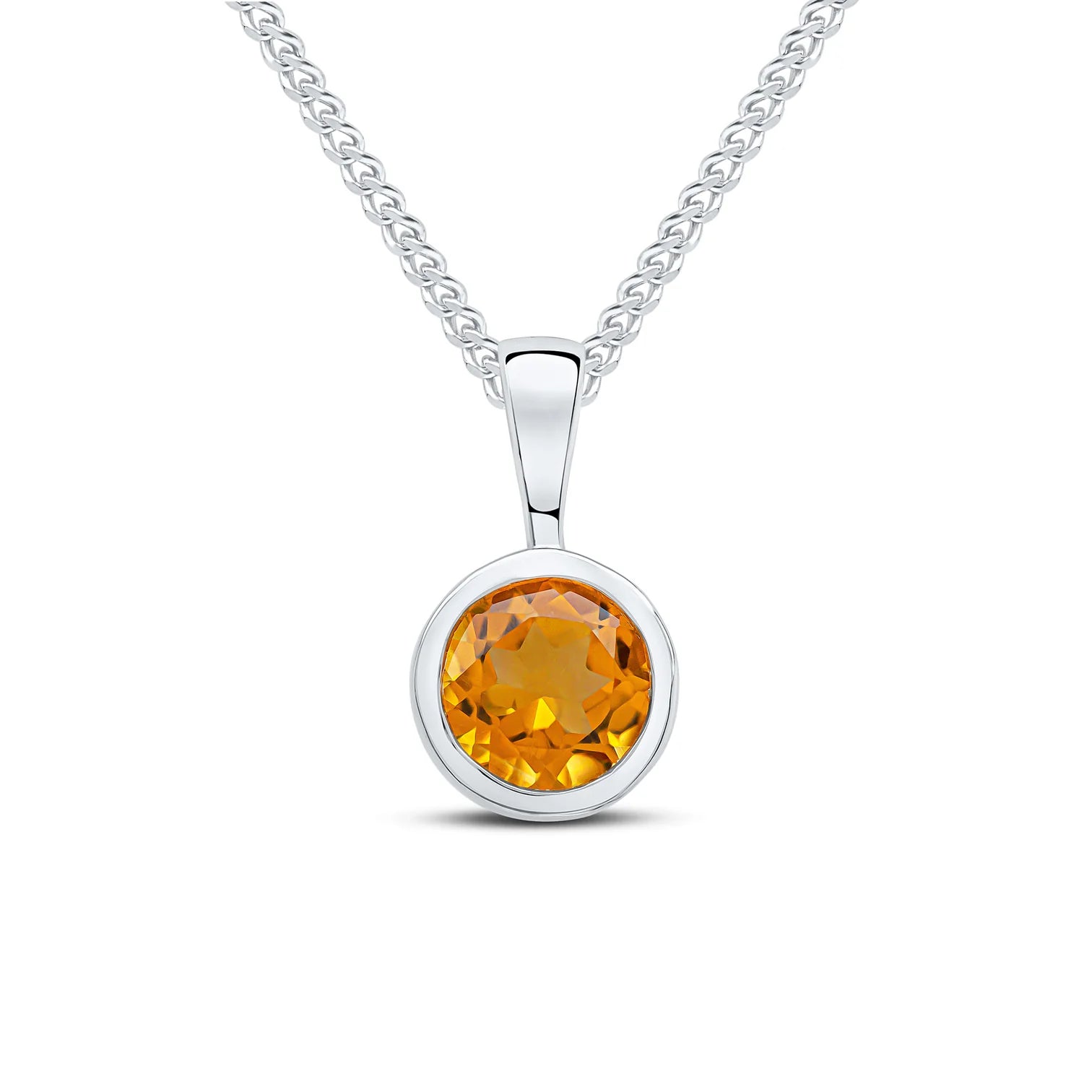 9ct White Gold pendant featuring a 6mm round Citrine gemstone in a smooth rubover setting, suspended from a White Gold chain.