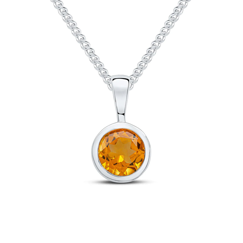 9ct White Gold pendant featuring a 6mm round Citrine gemstone in a smooth rubover setting, suspended from a White Gold chain.