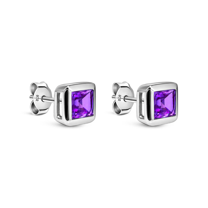 Sterling Silver Amethyst Square Framed Stud Earrings