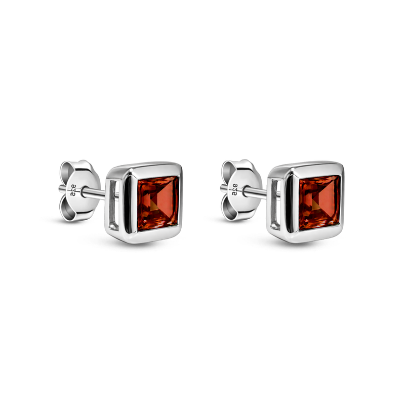 Sterling Silver Garnet Square Framed Stud Earrings