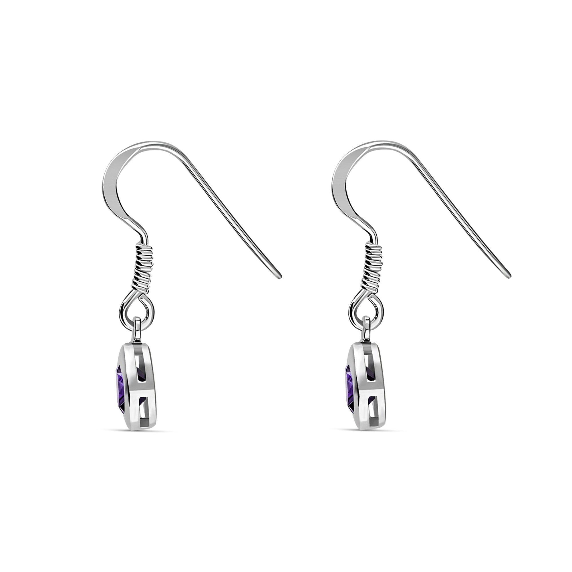 Sterling Silver Amethyst 5mm Round Framed Drop Earrings