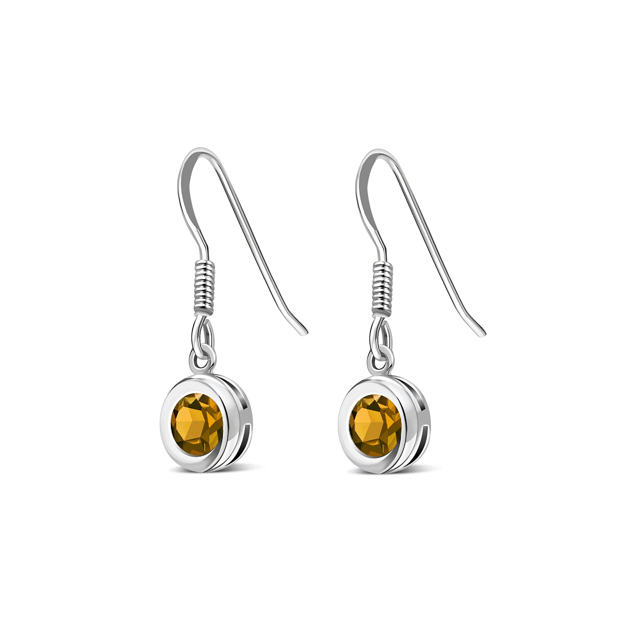 Sterling Silver Citrine 5mm Round Framed Drop Earrings