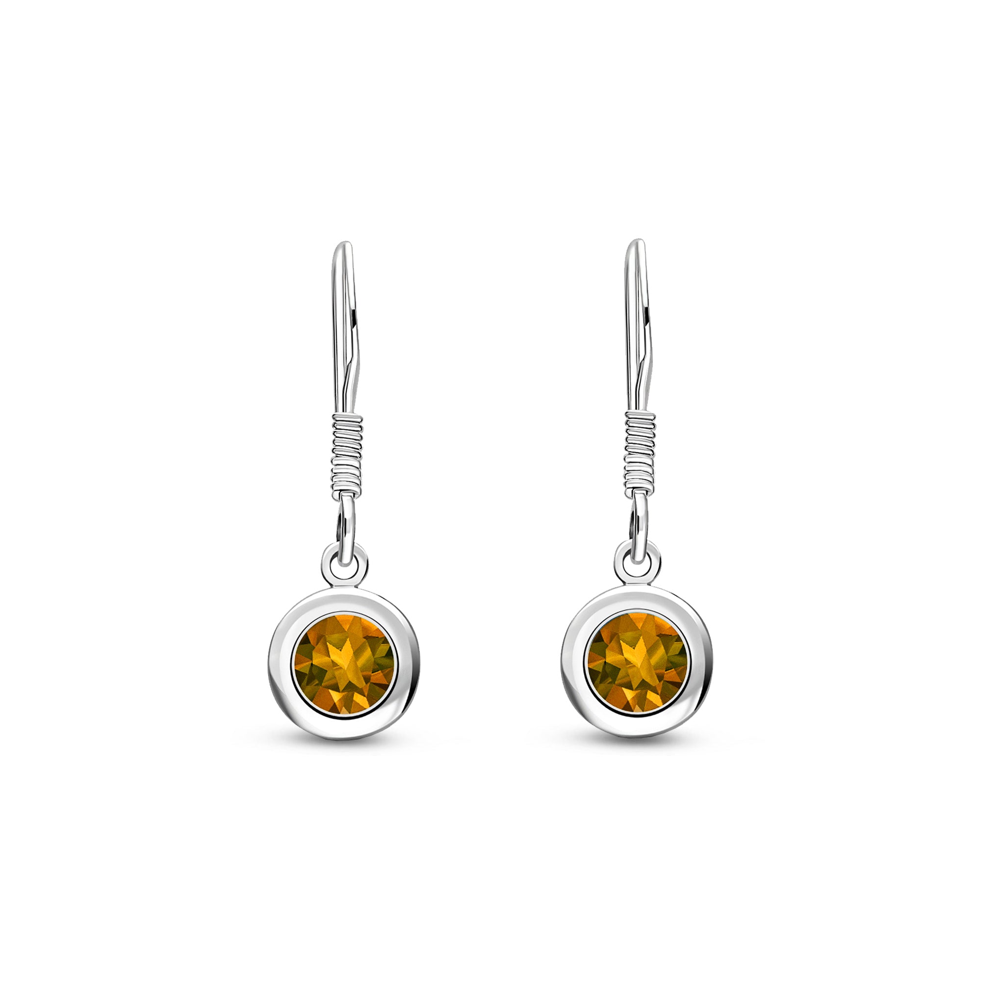 Sterling Silver Citrine 5mm Round Framed Drop Earrings