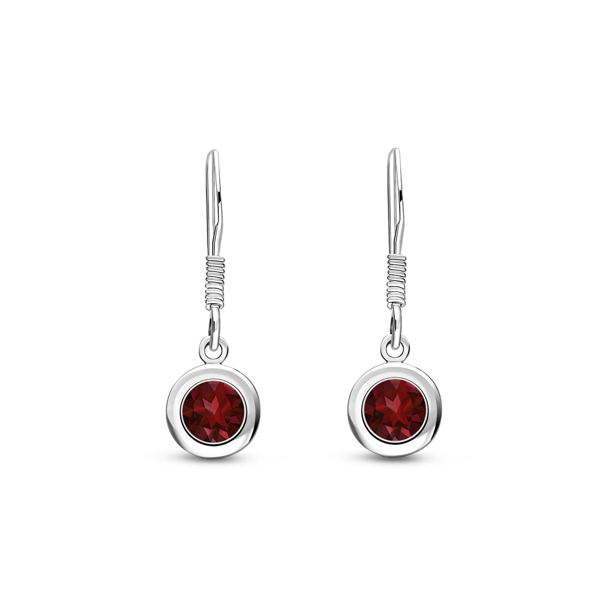 Sterling Silver Garnet 5mm Round Framed Drop Earrings