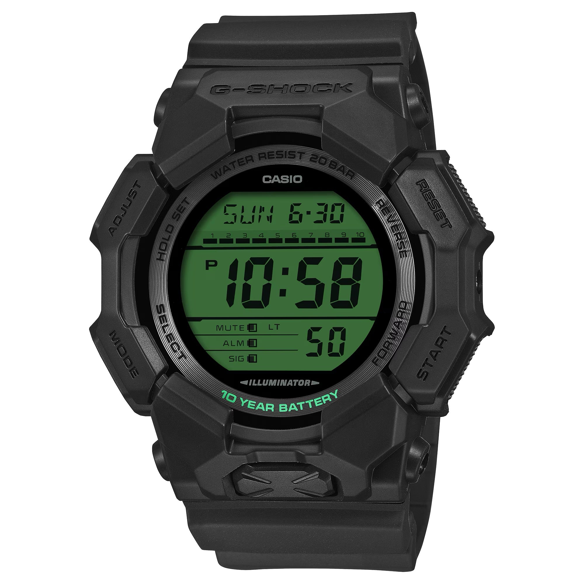 Black Casio G-Shock digital watch with green display on a white background